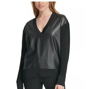 DKNY Black Faux Leather V-Neck Top Size Small